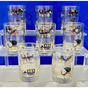 Vintage Libbey Horseless Carriage Whiskey Tumblers Low Ball Barware MCM Set Of 8